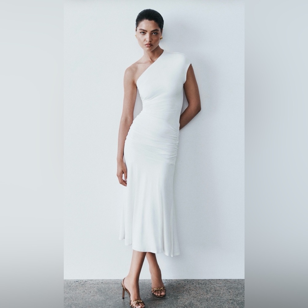 Chloe Peached Jersey One Shoulder Midi Dress - Ivory